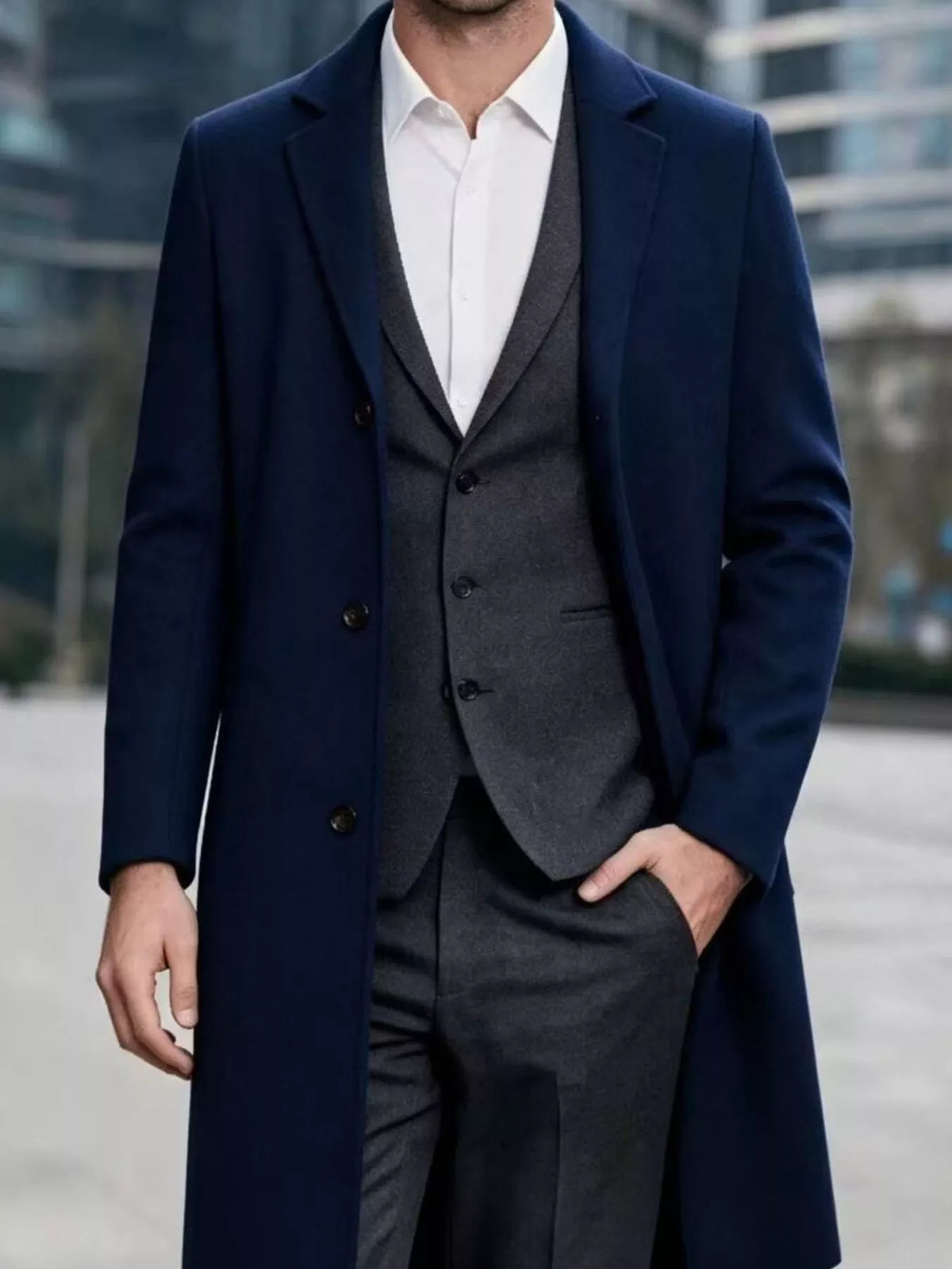Slim-fit lapel collar overcoat, Navy