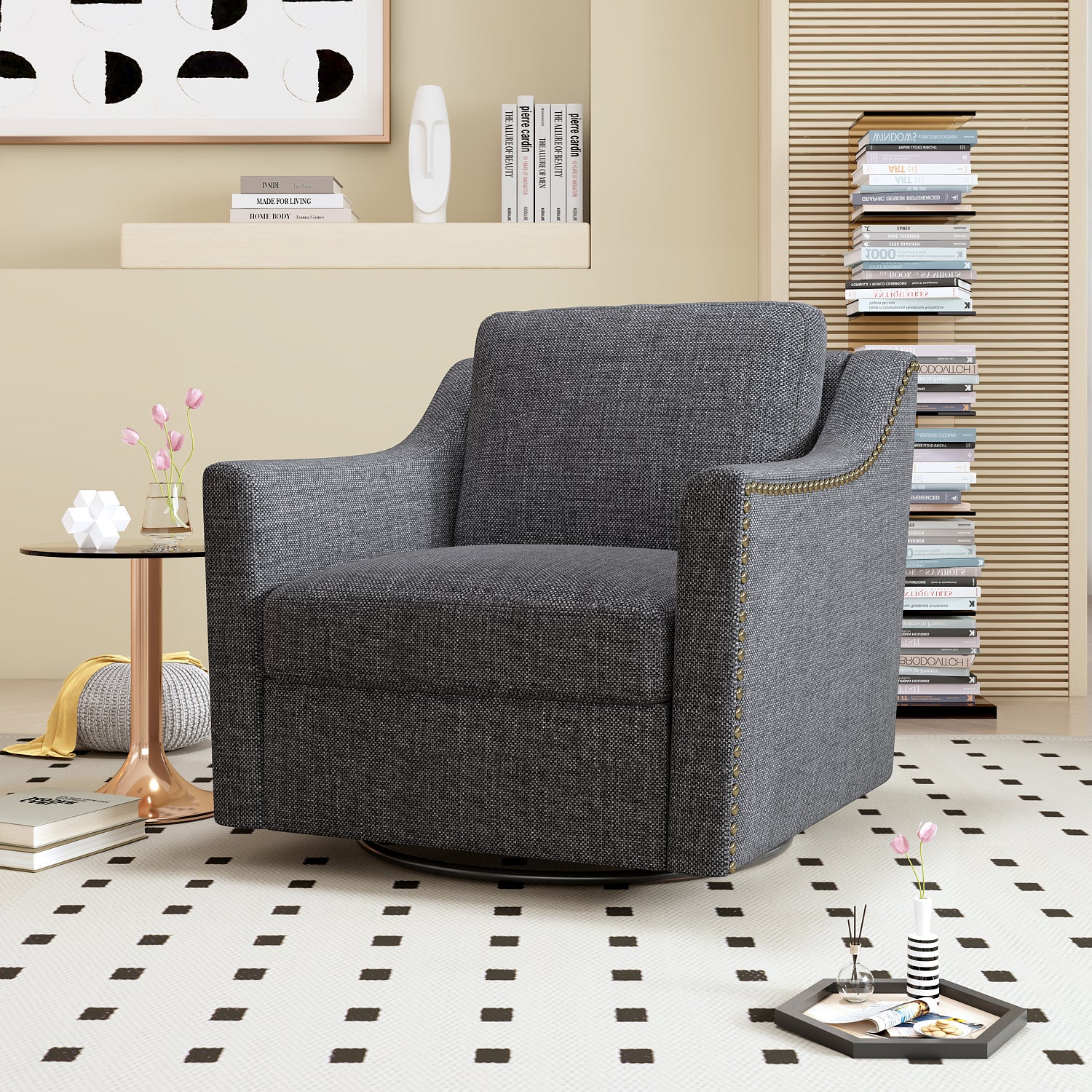 360 degree rotating cotton and linen armchair, decorated with brass nails, armchair Black+Gray