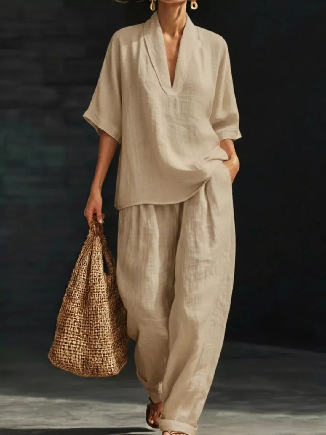 Half sleeve wide leg pants set, Apricot, front
