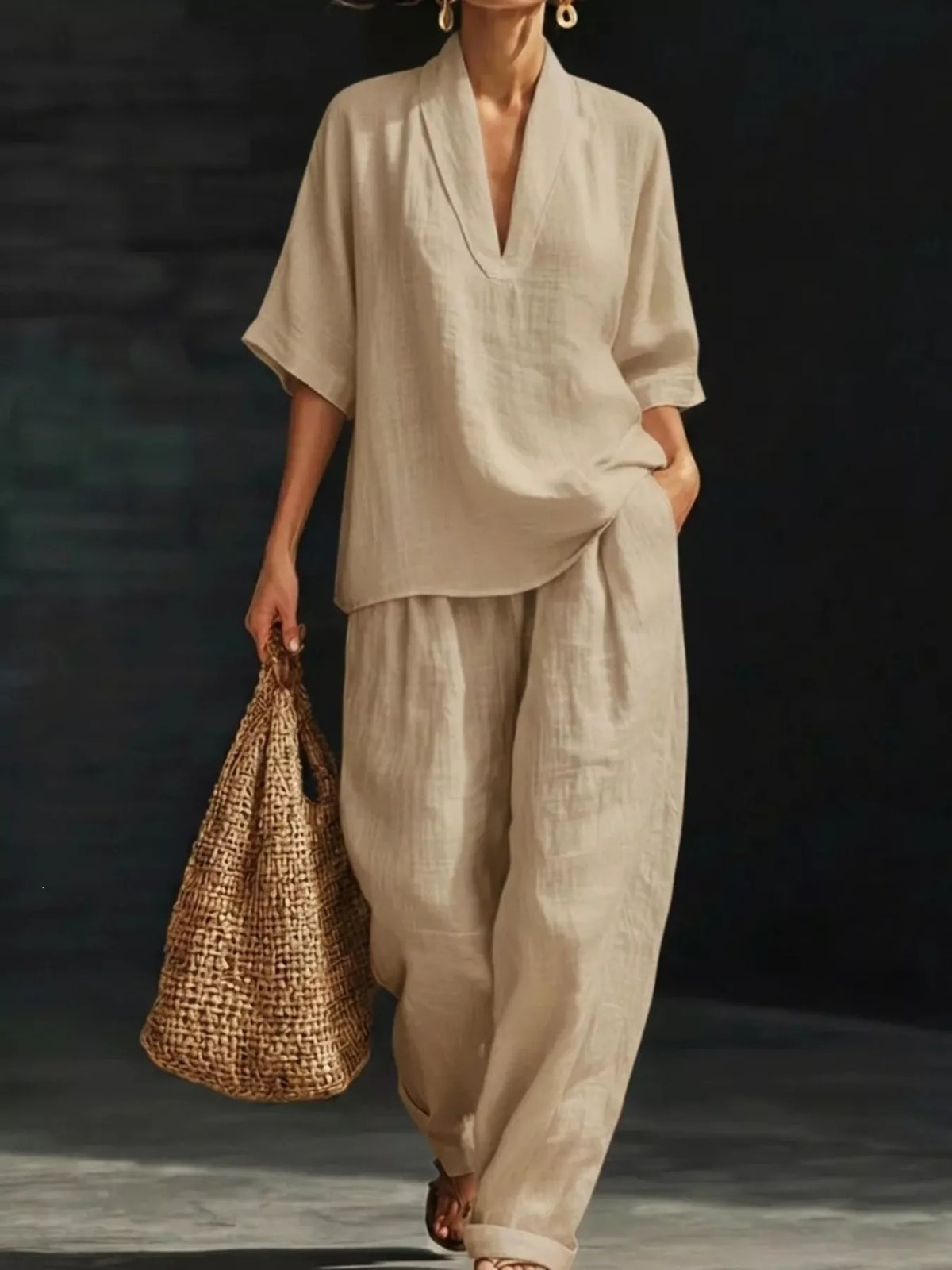 Half-sleeve wide-leg pants set – apricot