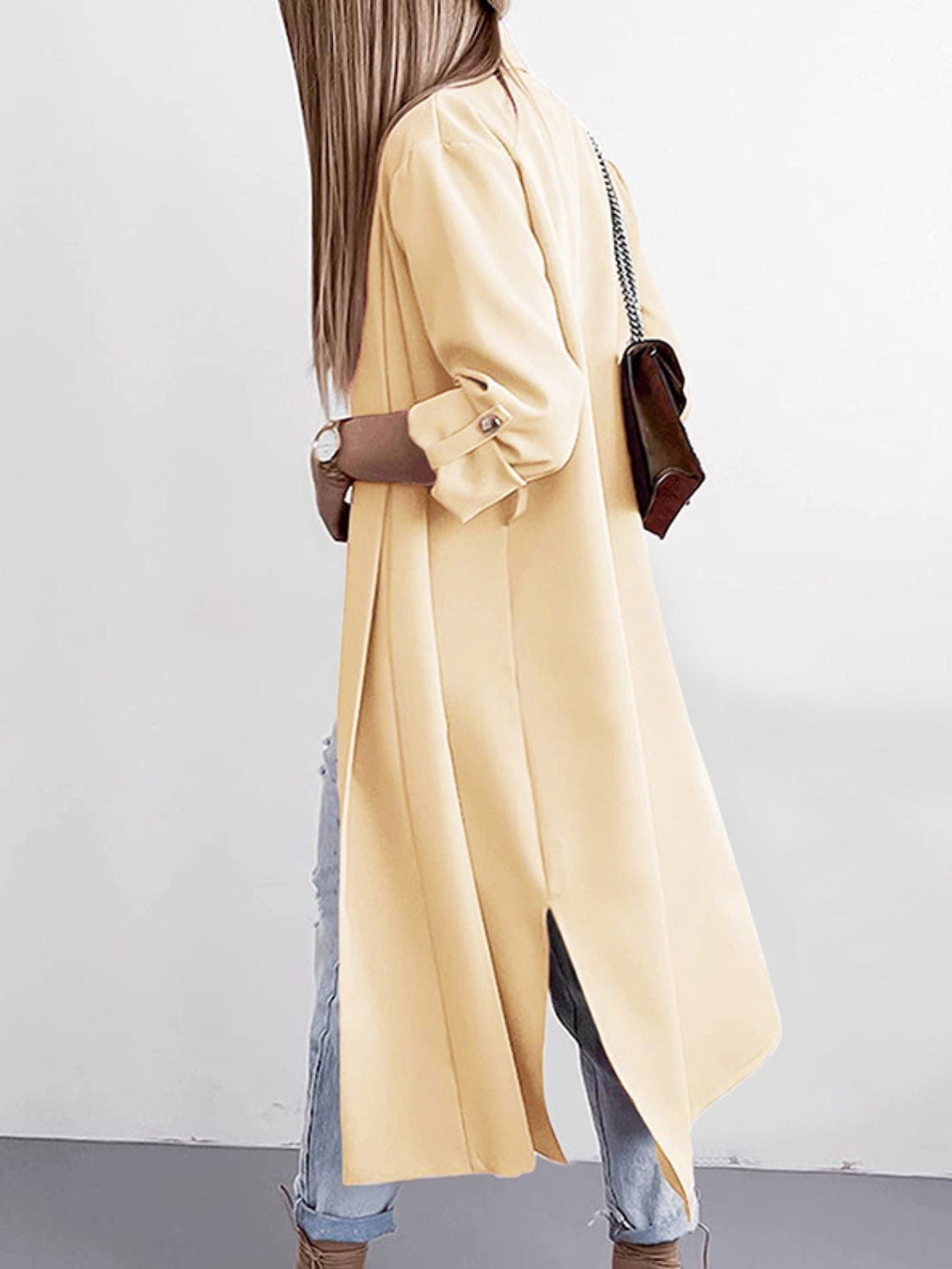 Slit open front roll-tab sleeve trench coat