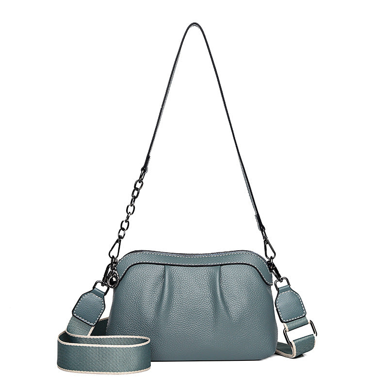 Pleated leather crossbody bag, Petrol blue, front with strap