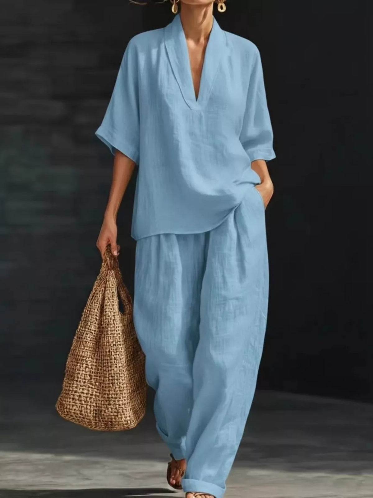 Half-sleeve wide-leg pants set – blue