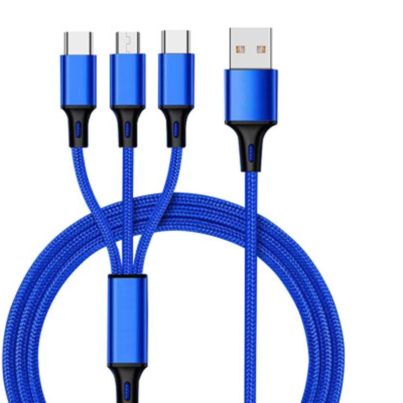 One to three data cable nylon braided three head fast charging mobile phone charging cable