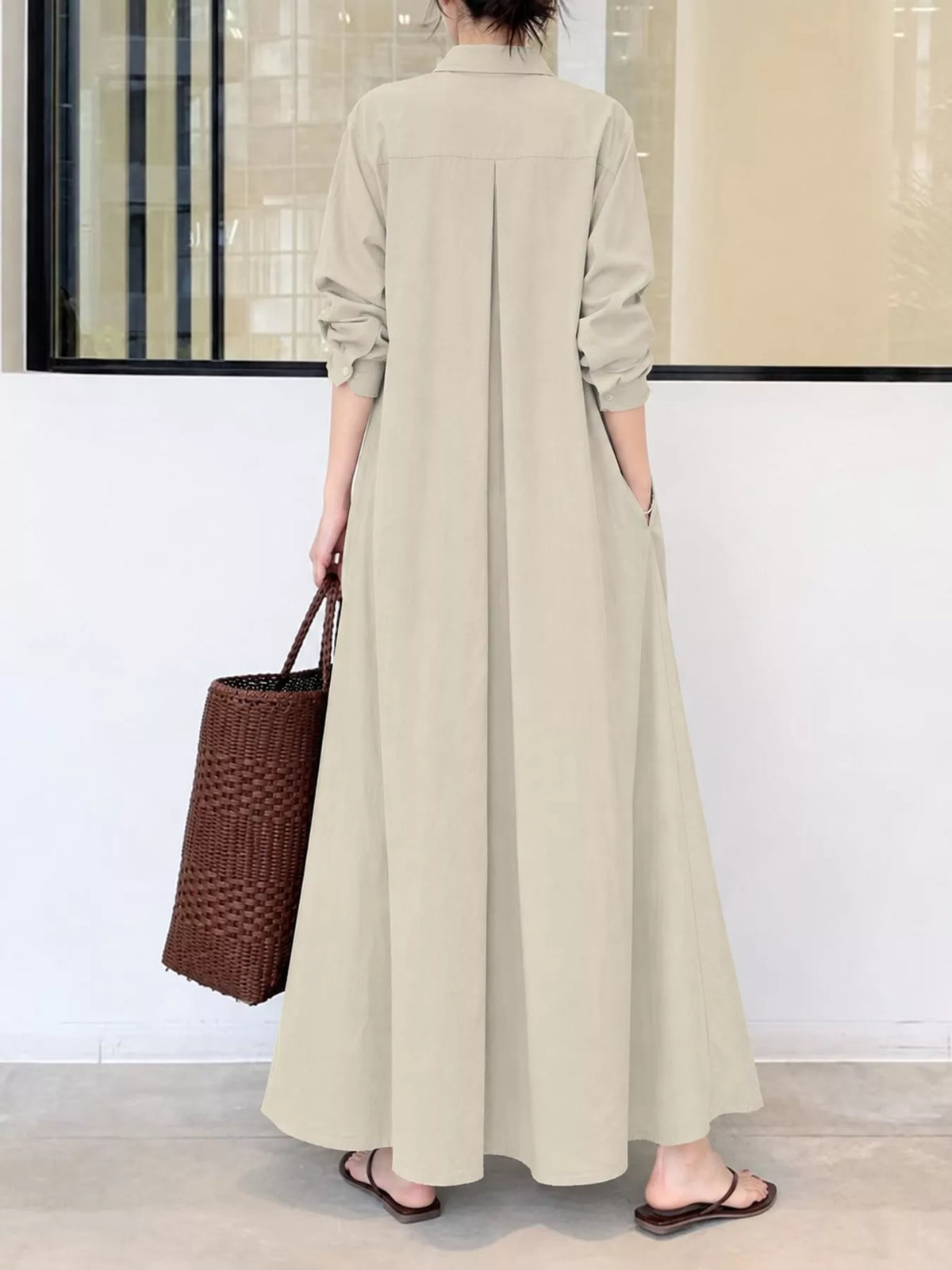 Button front long sleeve maxi shirt dress