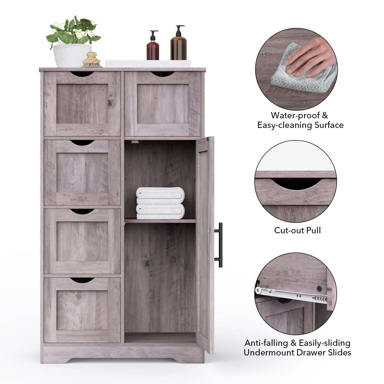 Bathroom Storage Cabinet with Storage 5 Drawers and 1 Door, Entryway Cabinet with Adjustable Shelf Grey