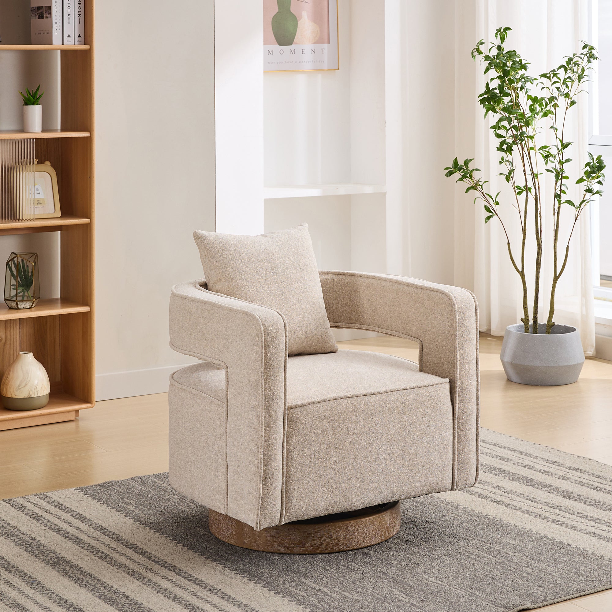 29.1"W Swivel Accent Open Back Chair Modern Comfy Sofa Chair With Weathered Base  (Beige,Linen Blend)