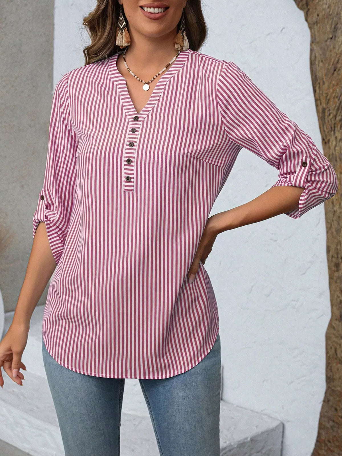 Striped roll-sleeve blouse