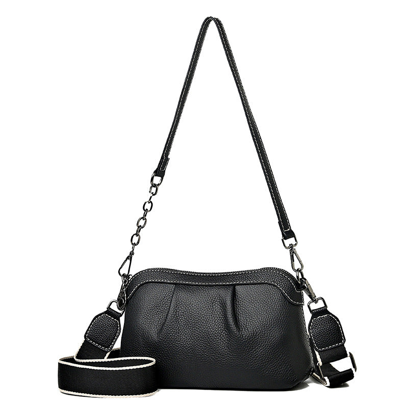 Pleated leather crossbody bag, Black, front with strap