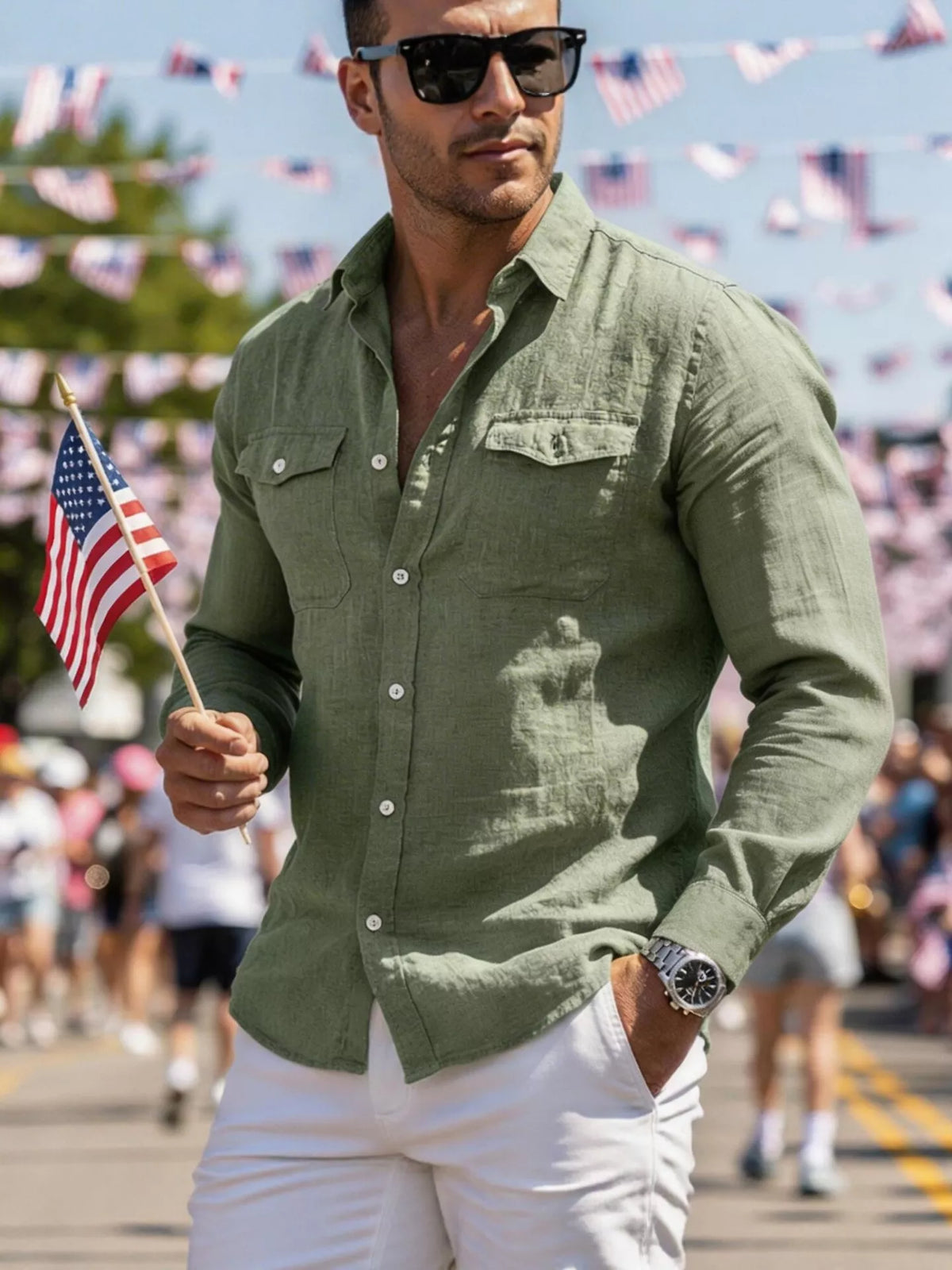 Casual button up shirt with chest pockets, Army Green