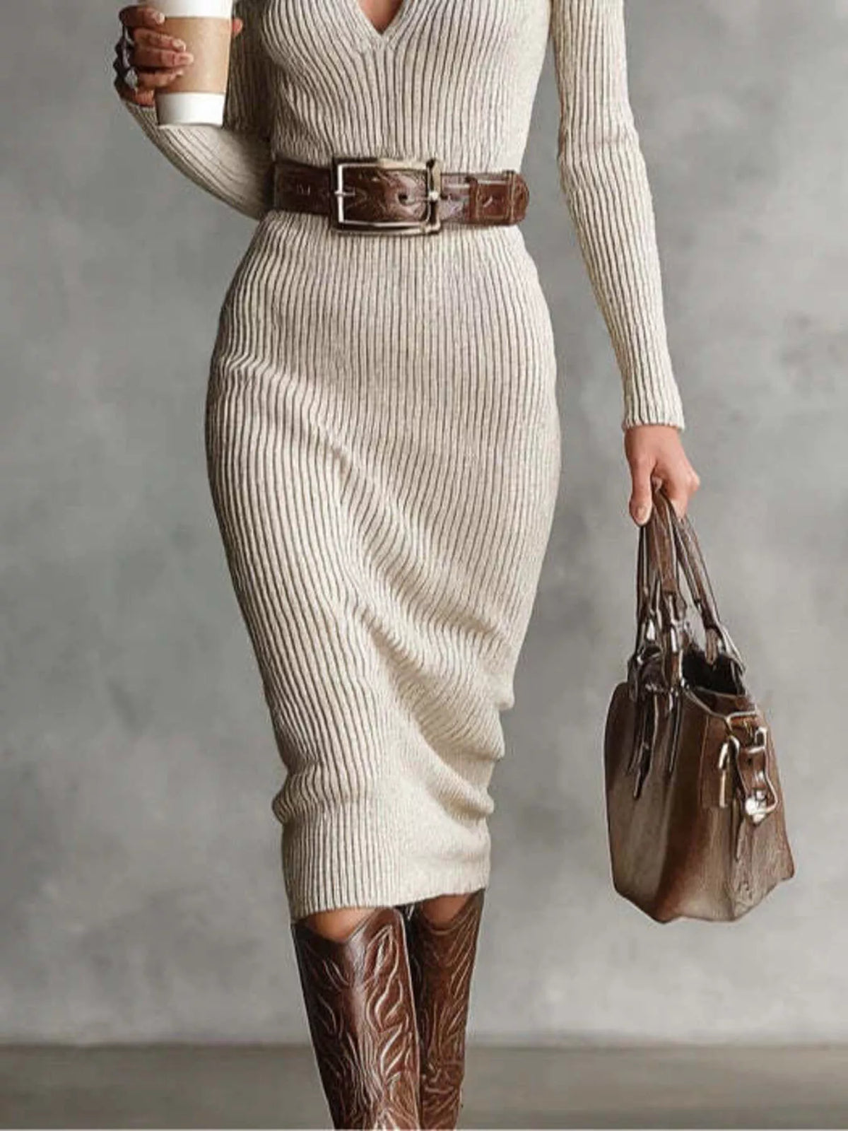 Ribbed V-neck sweater dress