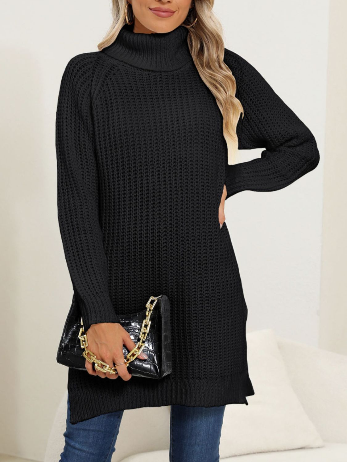 Slit turtleneck long sleeve sweater