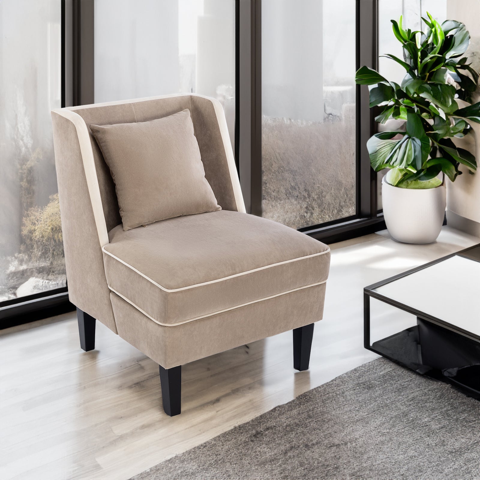 Velvet Upholstered Accent Chair with Cream Piping, Tan and Cream