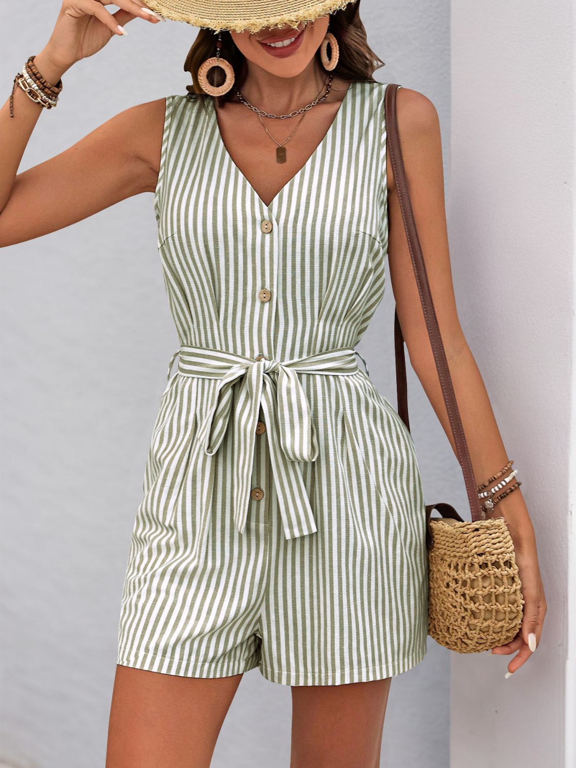 Striped V-neck tie waist romper