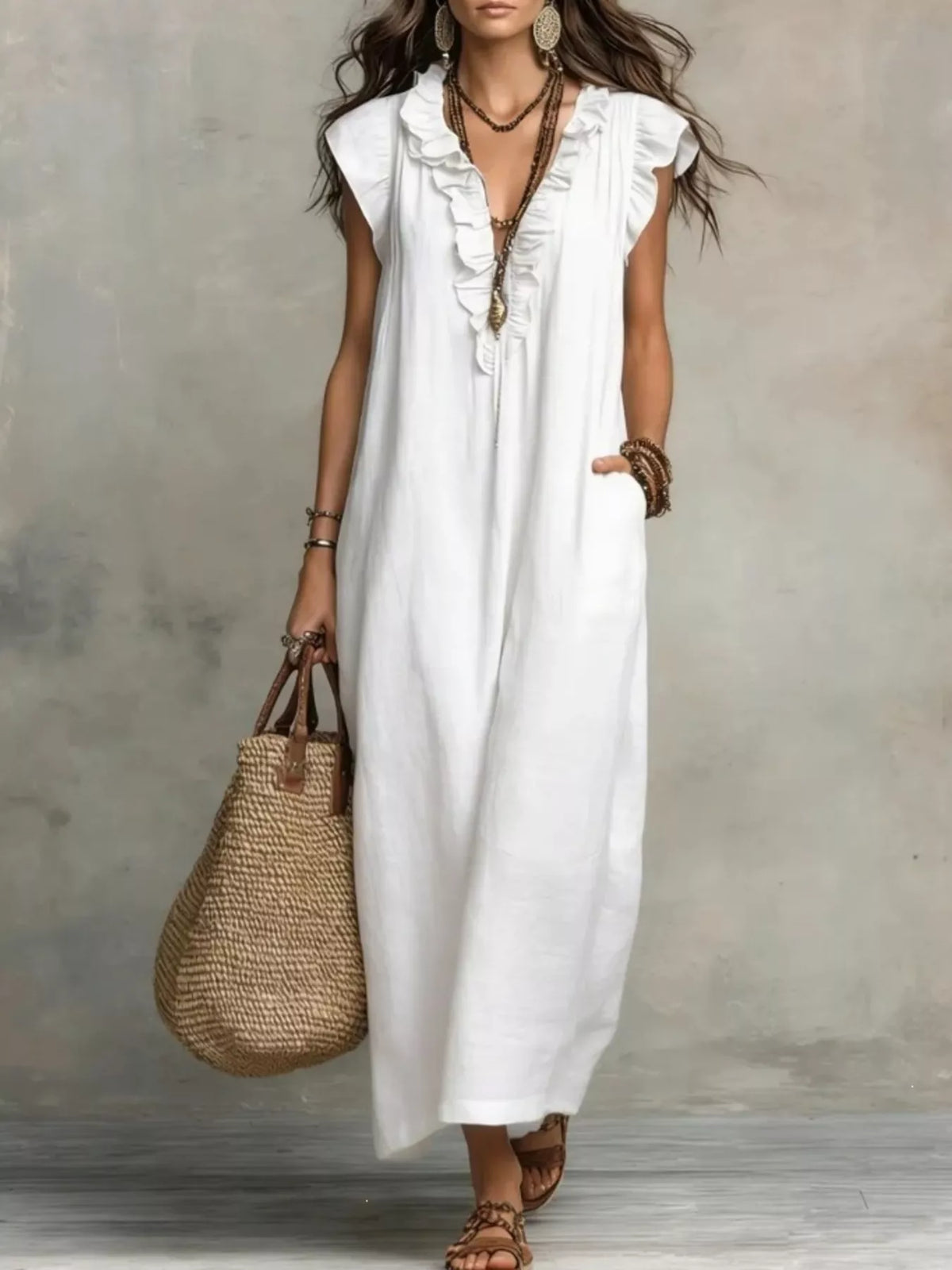 Ruffled cap-sleeve maxi dress – white