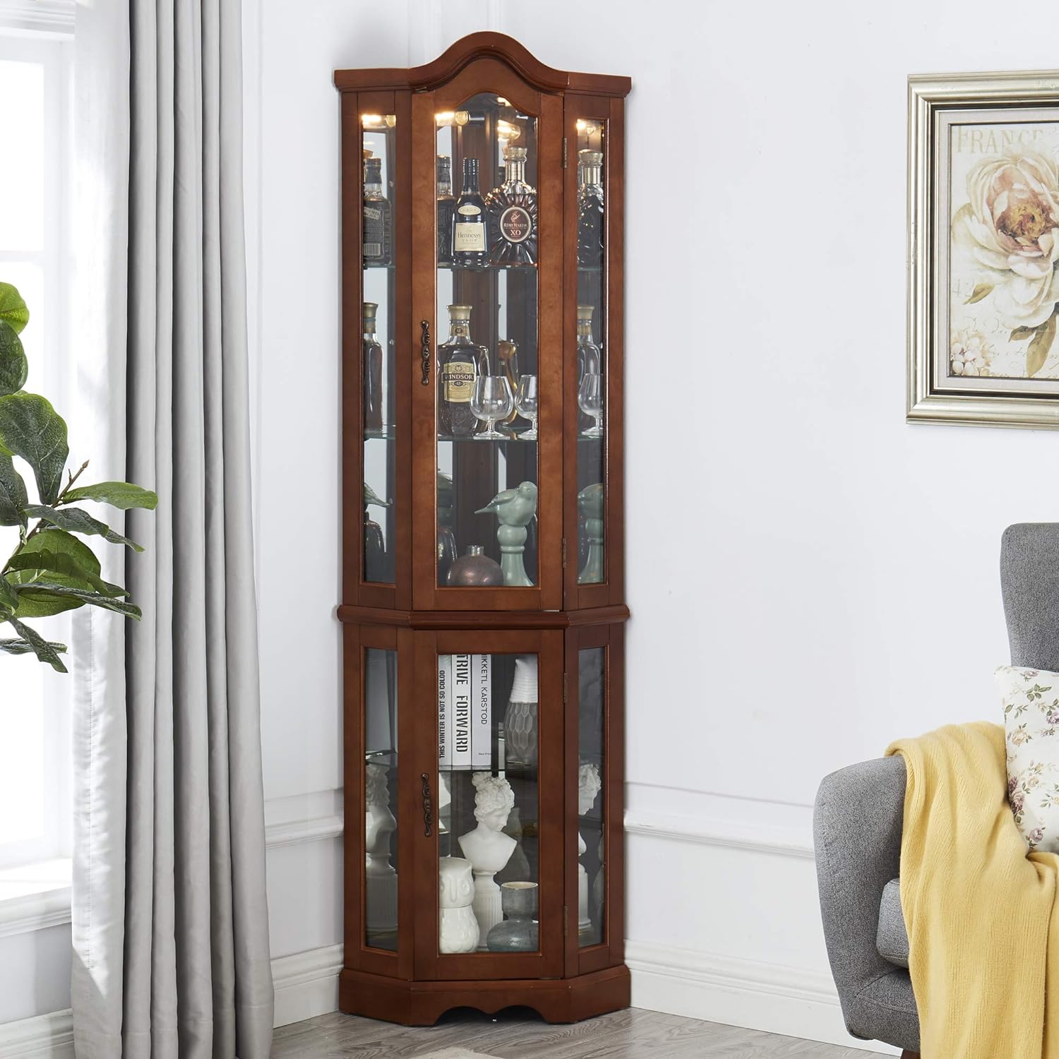 Corner Curio cabinet, adjustable tempered glass frame, rearview mirror, display cabinet, walnut wood (excluding E26 bulbs)