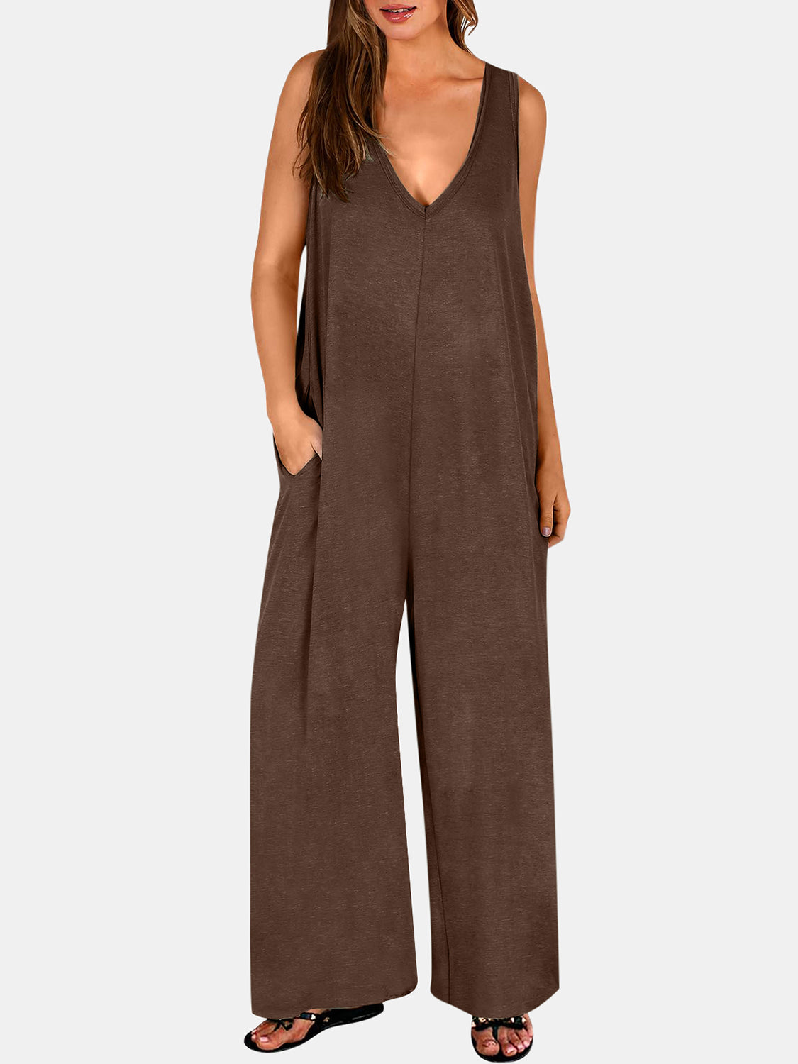 V neck wide strap jumpsuit