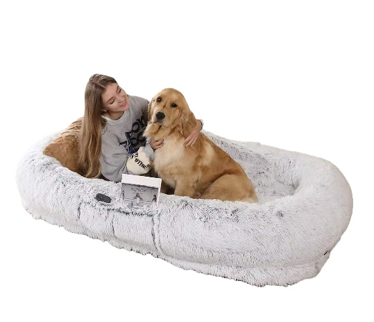 Human dog bed, size 71 inches x 40 inches x 12 inches, washable faux fur dog bed - gray