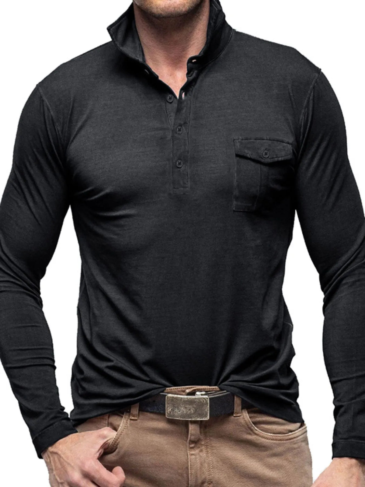Basic style collared neck long sleeve polo, Black