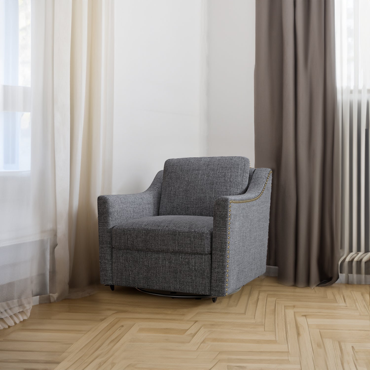 360 degree rotating cotton and linen armchair, decorated with brass nails, armchair Black+Gray