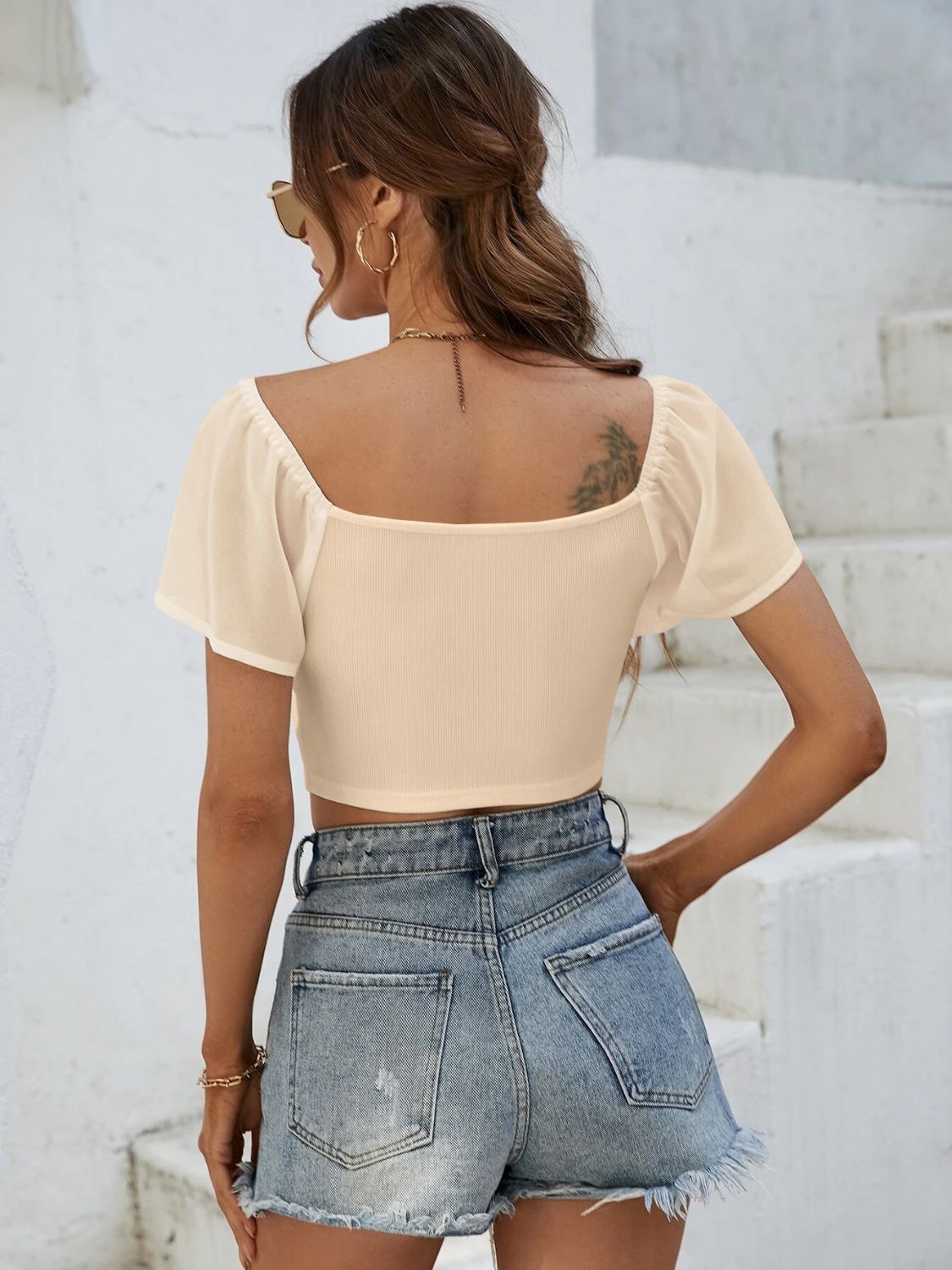 Drawstring Short Sleeve Crop Top