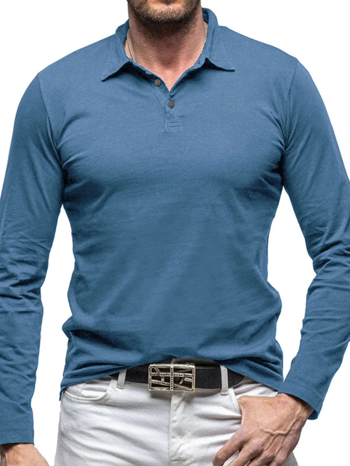 Collared neck long sleeve polo, Dusty Blue