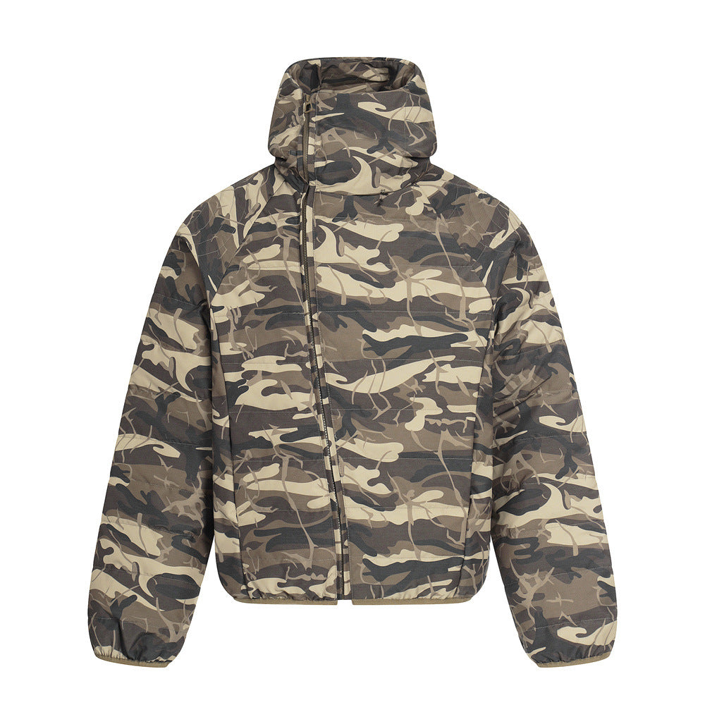 Streetwear Men's Hooded Camouflage Patchwork Down Jacket, Loose Fit, Casual Outerwear