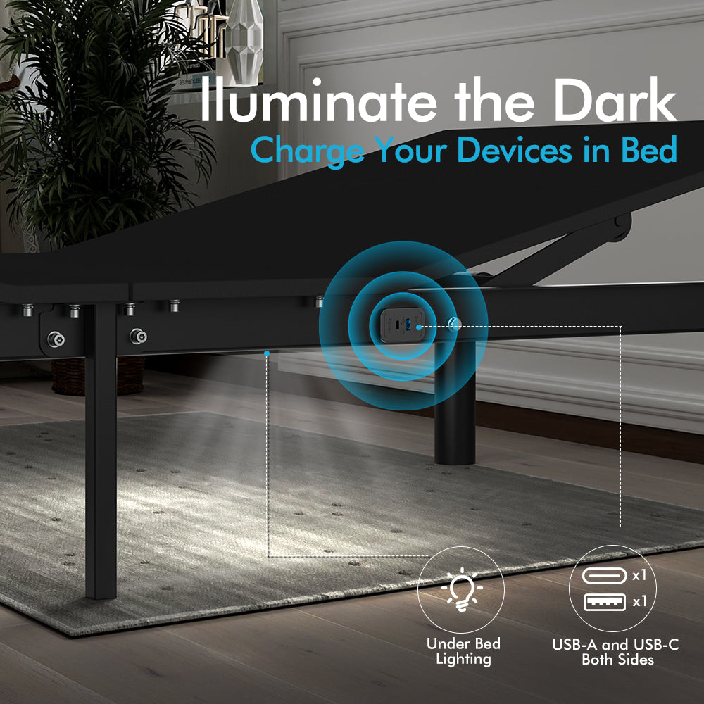 J300 Adjustable Bed Base Frame - Twin XL - Tilt - Zero Gravity - Underbed Lighting - Wireless Remote Control - A-Type-C Type