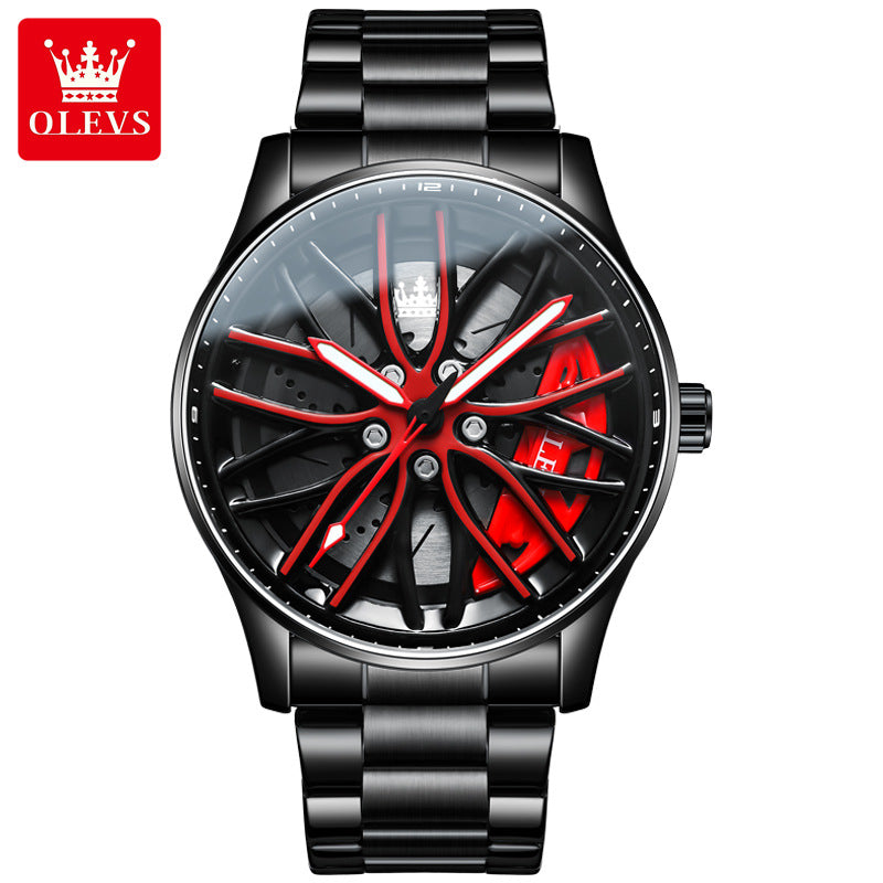 Men's wheel hub rotating fashionable and waterproof quartz watch