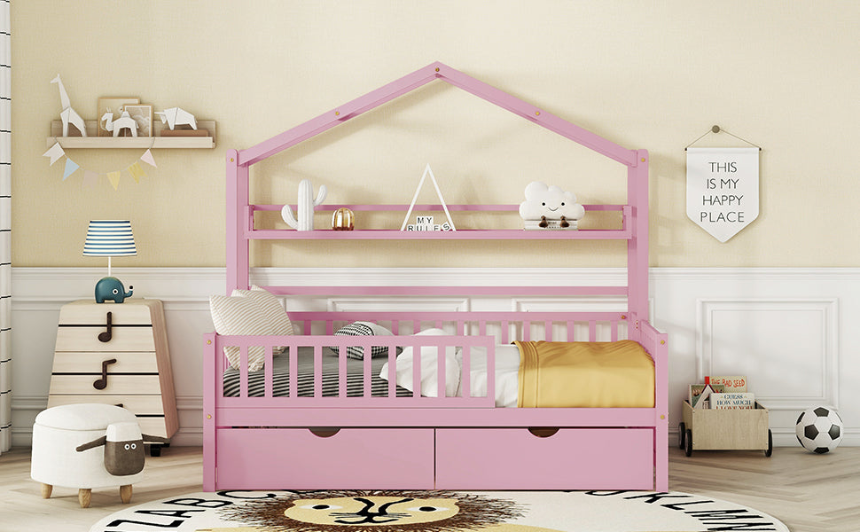 Wooden Full Size House Bed with 2 Drawers Kids Bed with Storage Shelf Pink