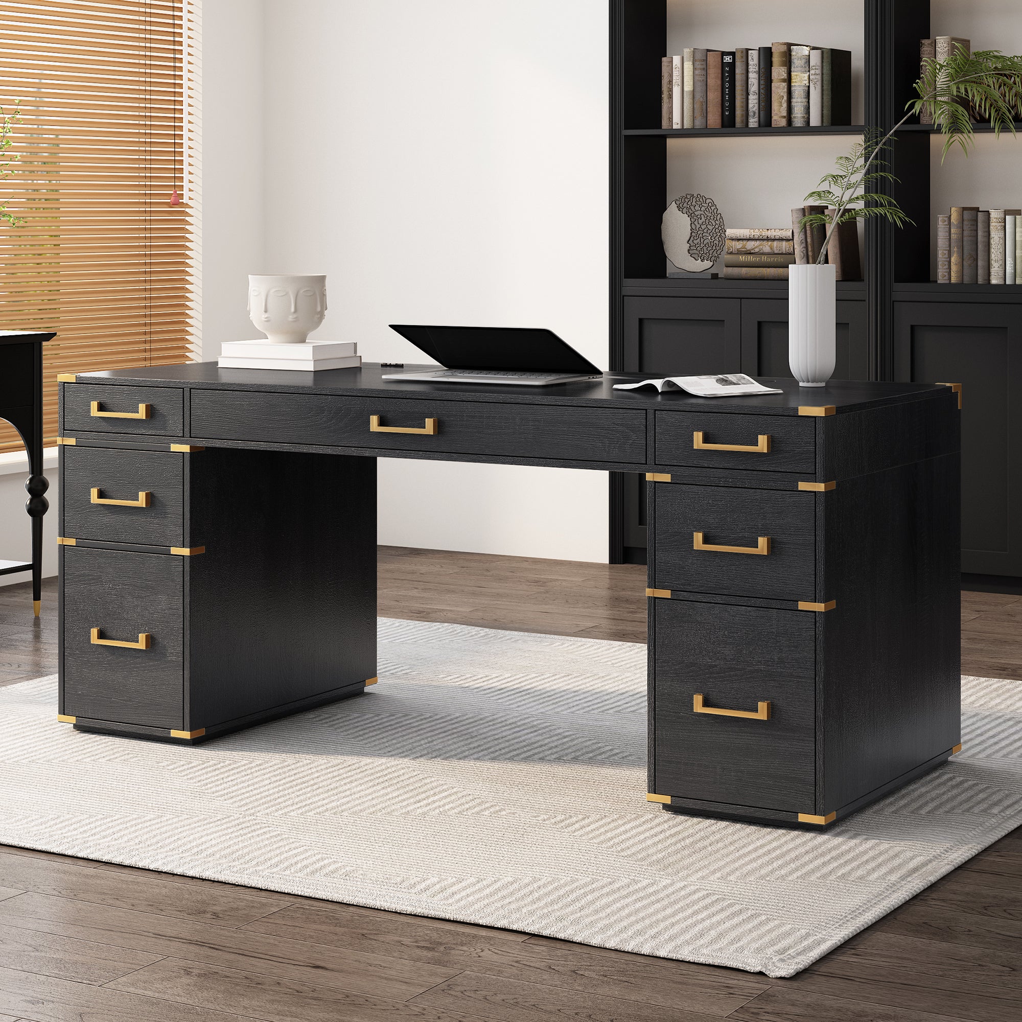 70 inch classic and traditional executive desk with metal trim, writing desk with 2 file drawers, USB ports, and sockets, black