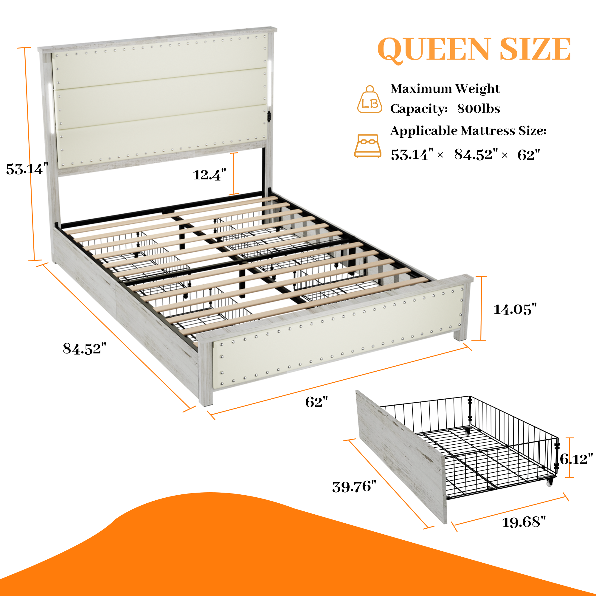 Large bed frame with cushioned headboard and storage drawers, equipped with 4 charging stations and LED lights, beige