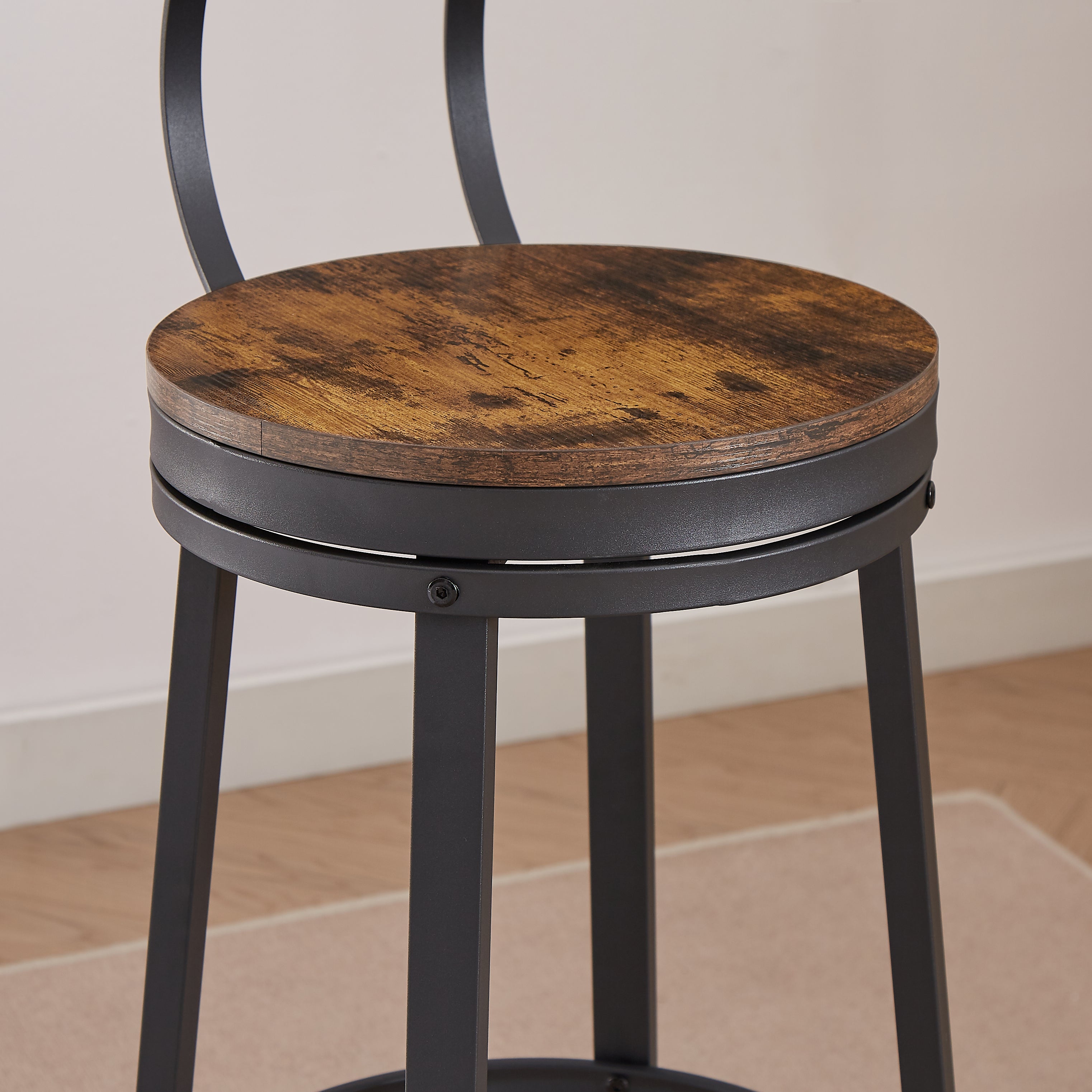 Rotating bar stool with backrest, industrial style, metal frame, 29.5 inches high rust brown, 13.4 '' long x 40.5 '' high.