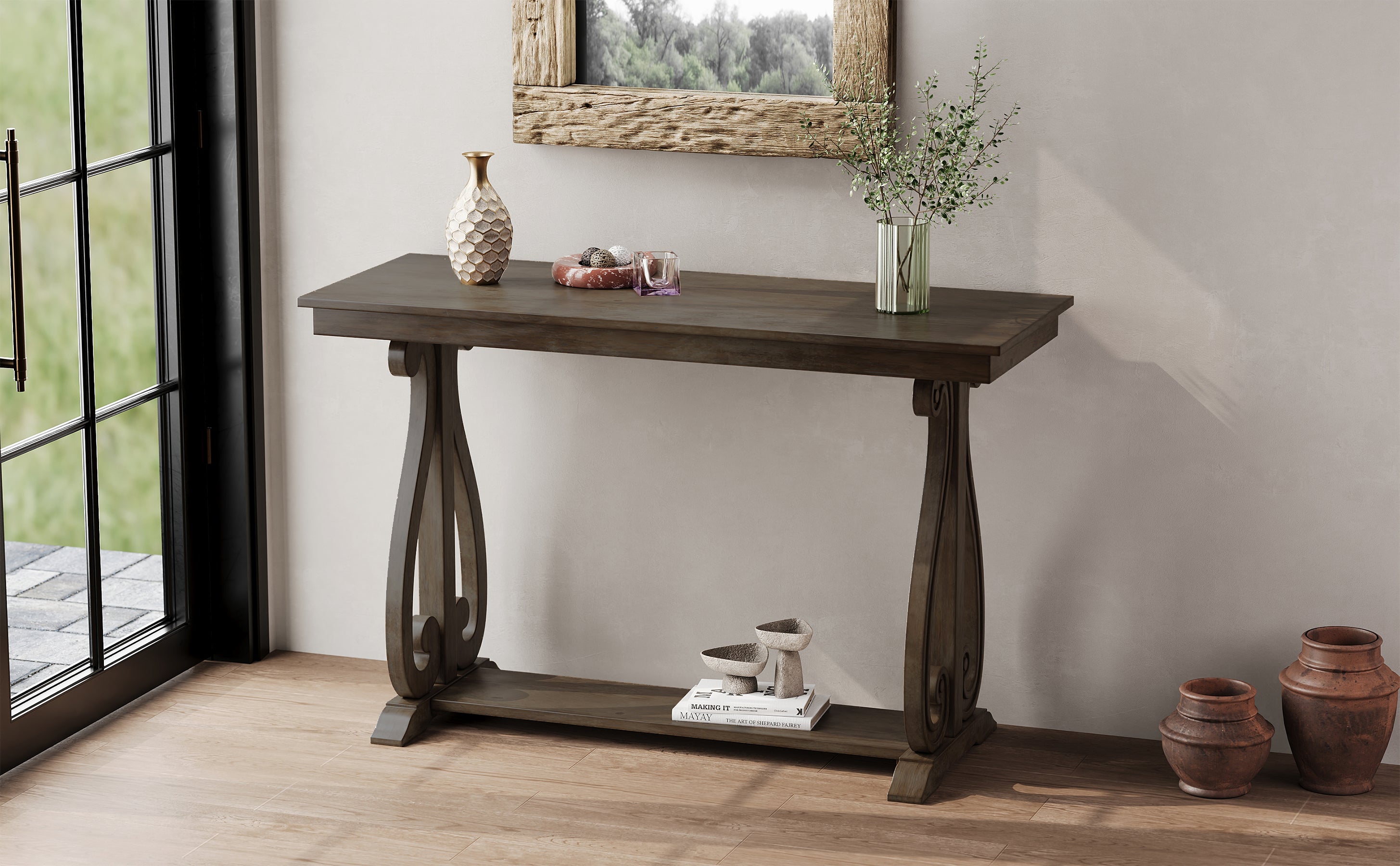 48-Inch Rustic Vintage Console Table --- Farmhouse Style Entryway Table with Open Shelf and Sturdy Construction (Walnut)