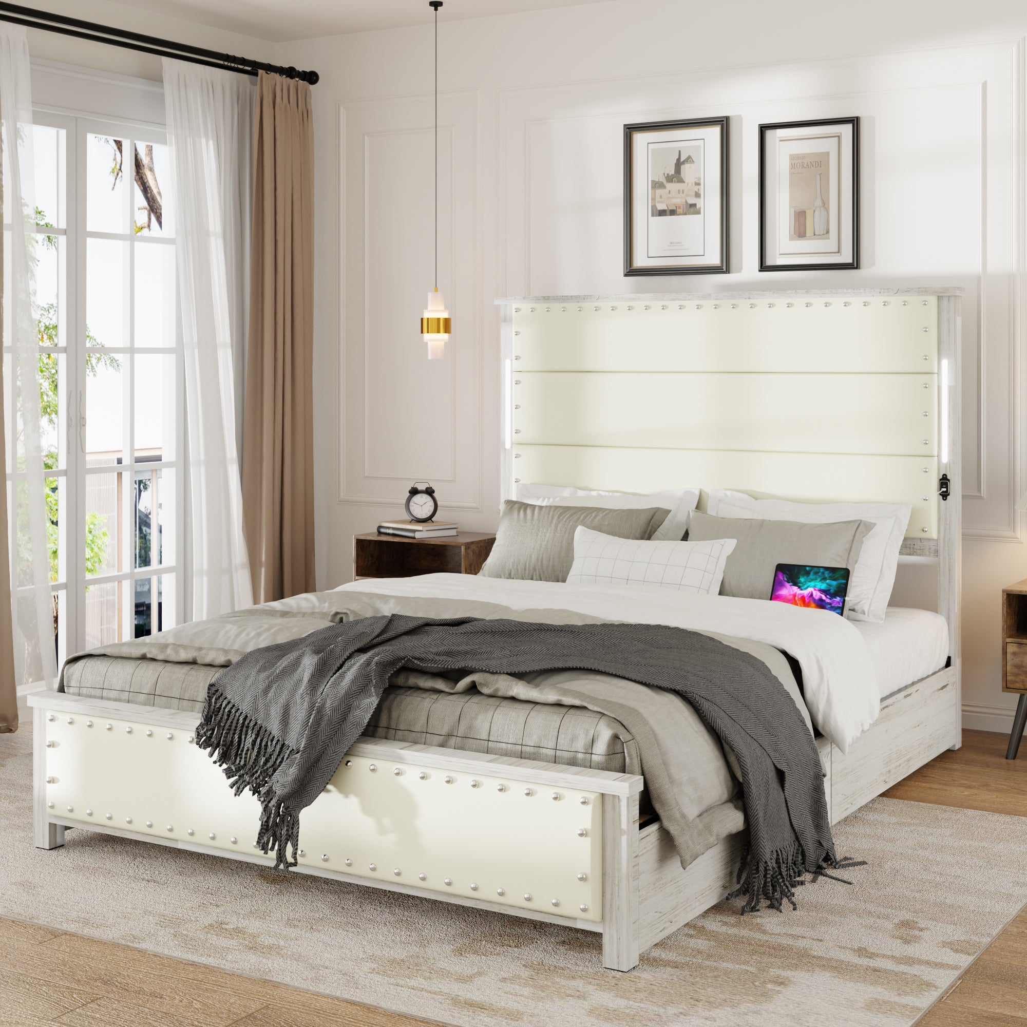 Large bed frame with cushioned headboard and storage drawers, equipped with 4 charging stations and LED lights, beige