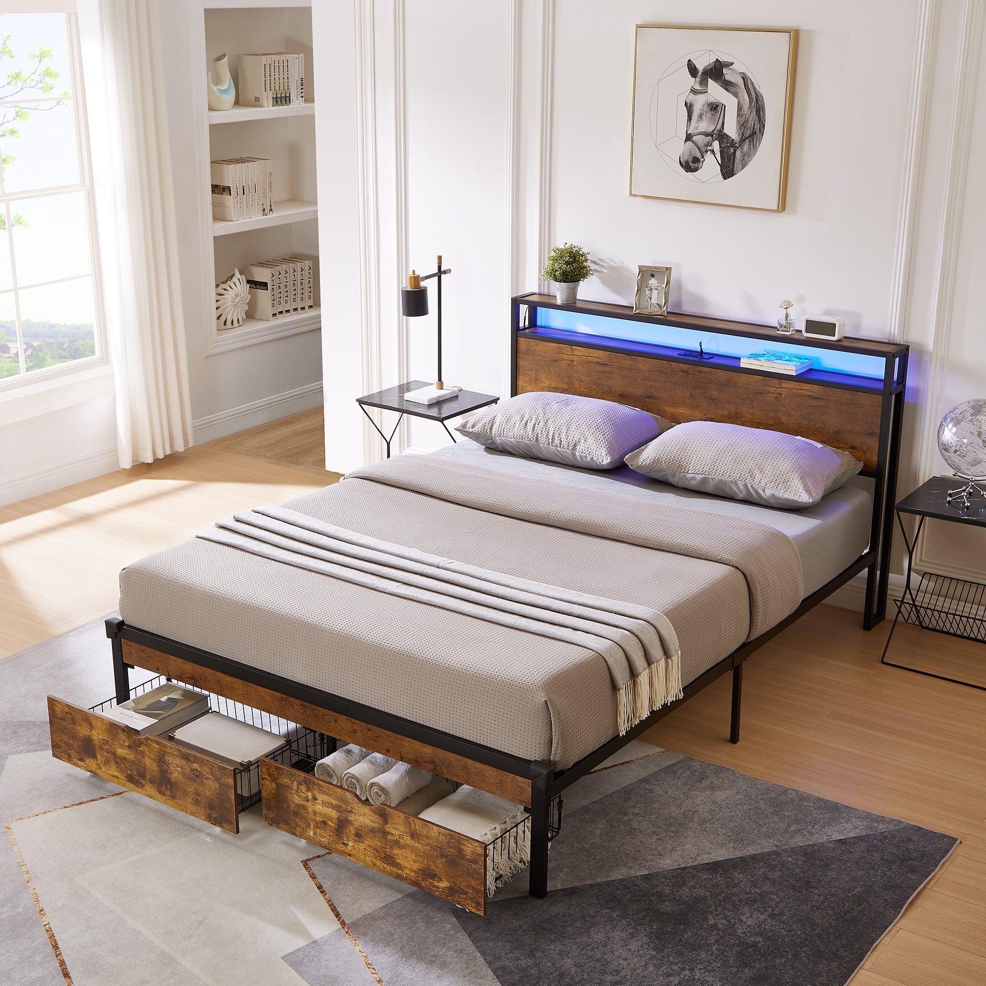 Large metal bed frame with wooden headboard and USB foot pedal, charging station, 2 drawers, LED lights, no need for box spring