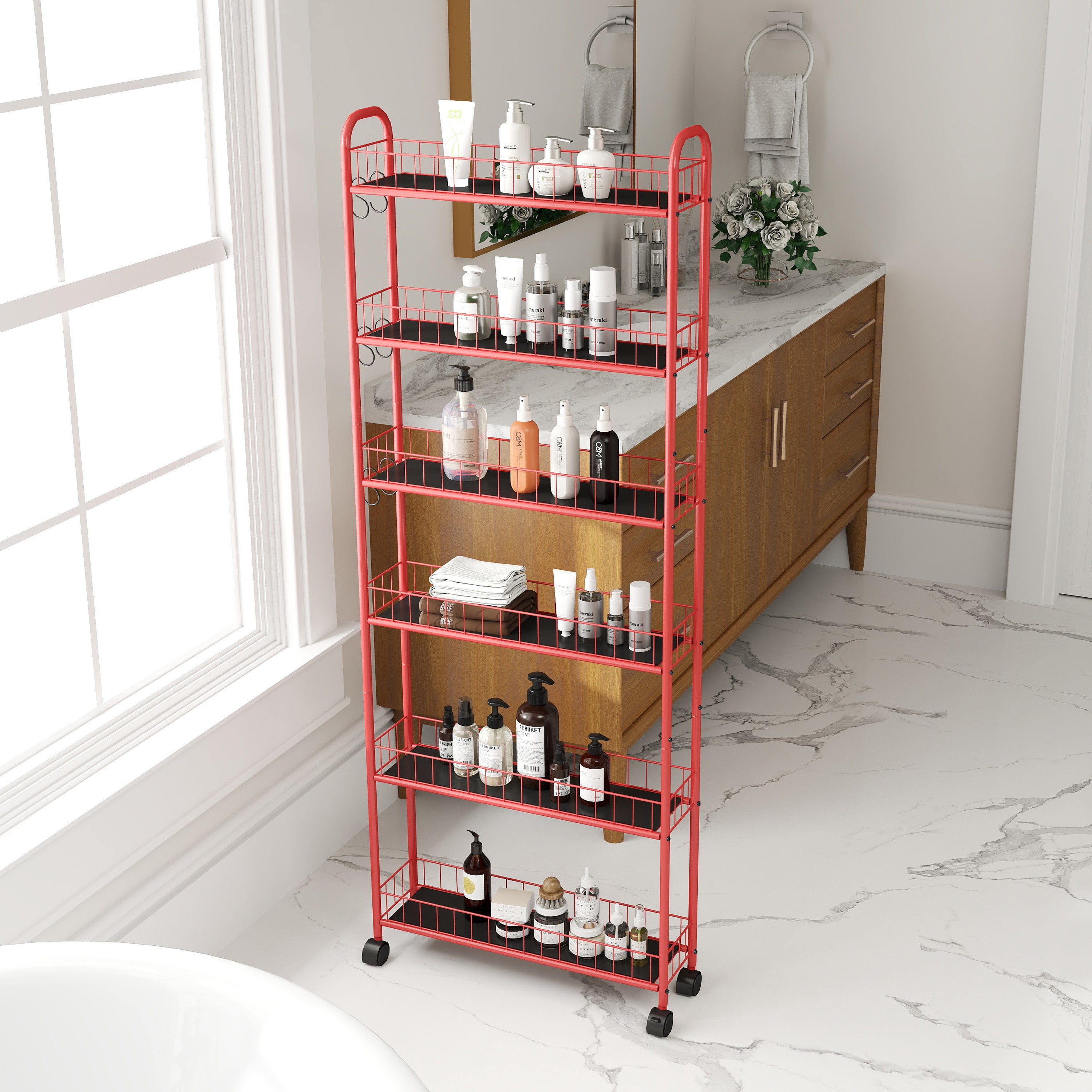 Red 6-story rolling cart gap kitchen ultra-thin sliding out storage tower shelf with wheels, 6 baskets