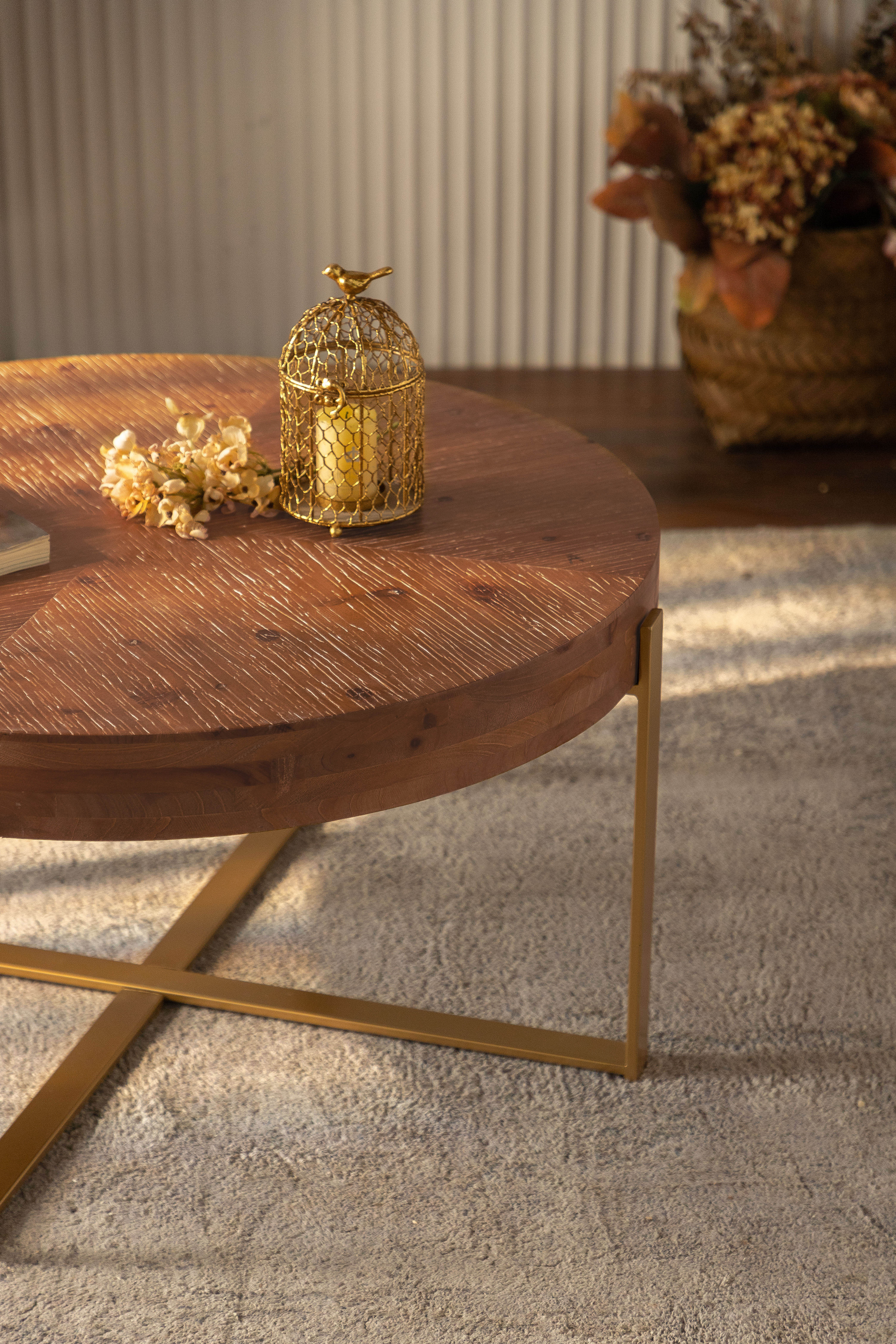 33.86"Modern Retro Splicing Round Coffee Table Fir Wood Table Top with Gold Cross Legs Base(Same SKU:W757126236)