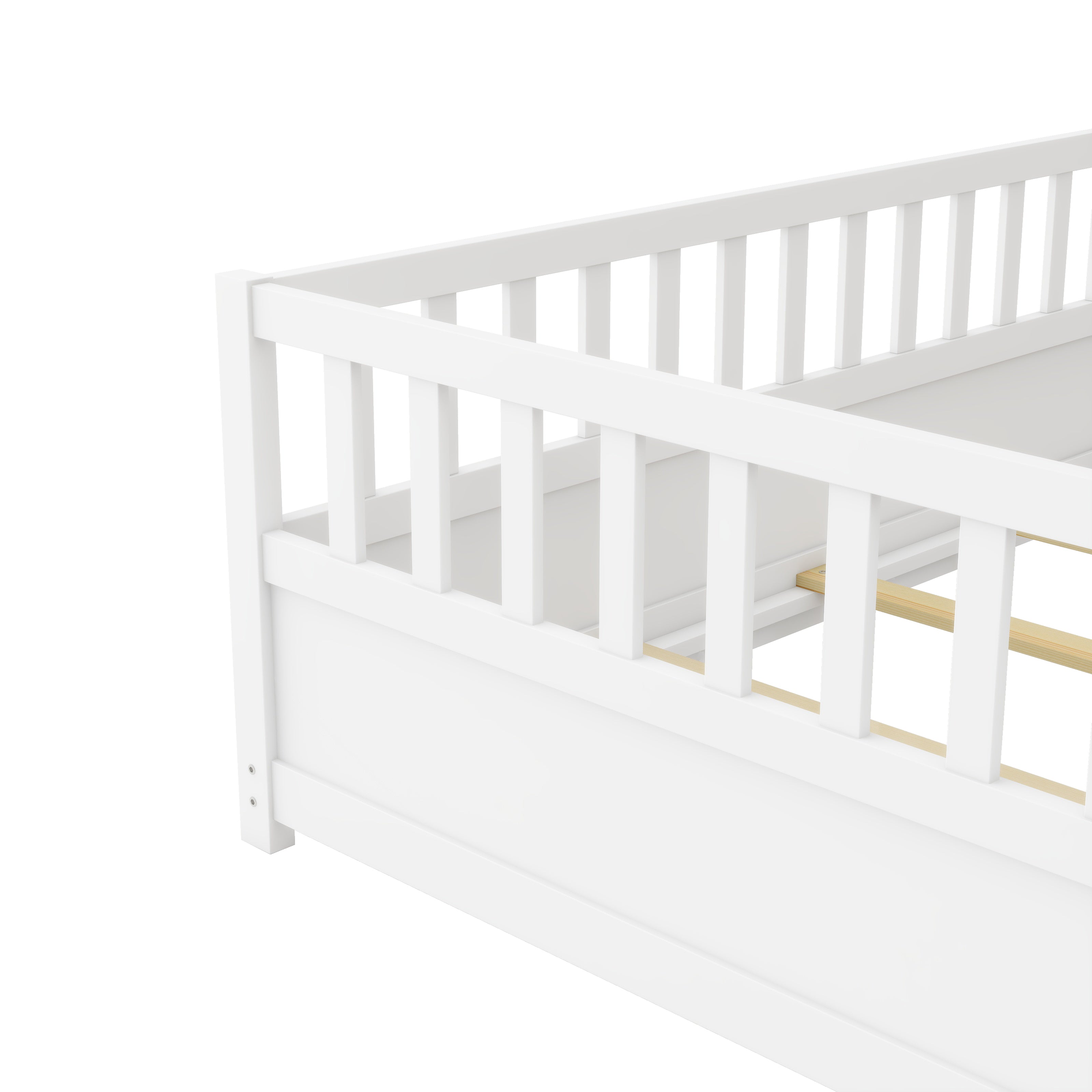 Double bed floor standing bed, ultra-high safety barrier door, children's floor standing bed frame, Montessori wood white