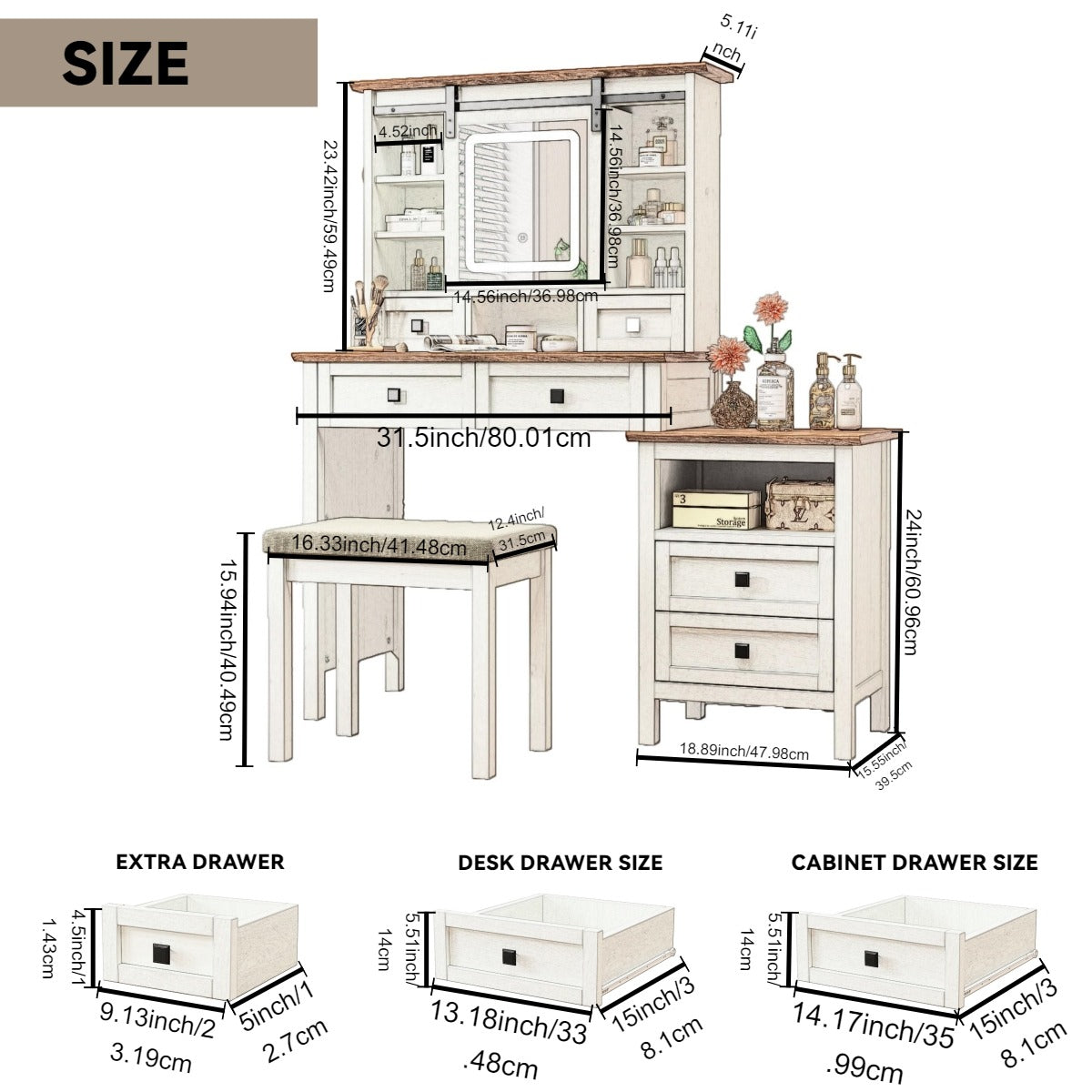 46.5-inch dressing table with adjustable LED lighting mirror and charging station, equipped with soft cushioned stool