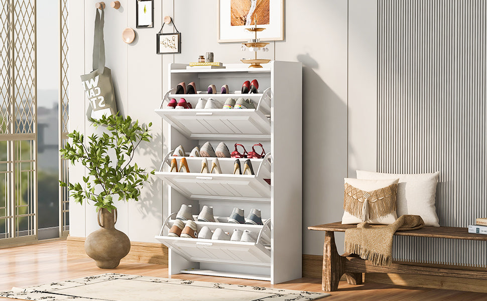 U-Can Shoe Storage Cabinet for Entryway with 3 Flip Drawers, Modern Shoe Organizer Cabinet, Free Standing Shoe Rack White