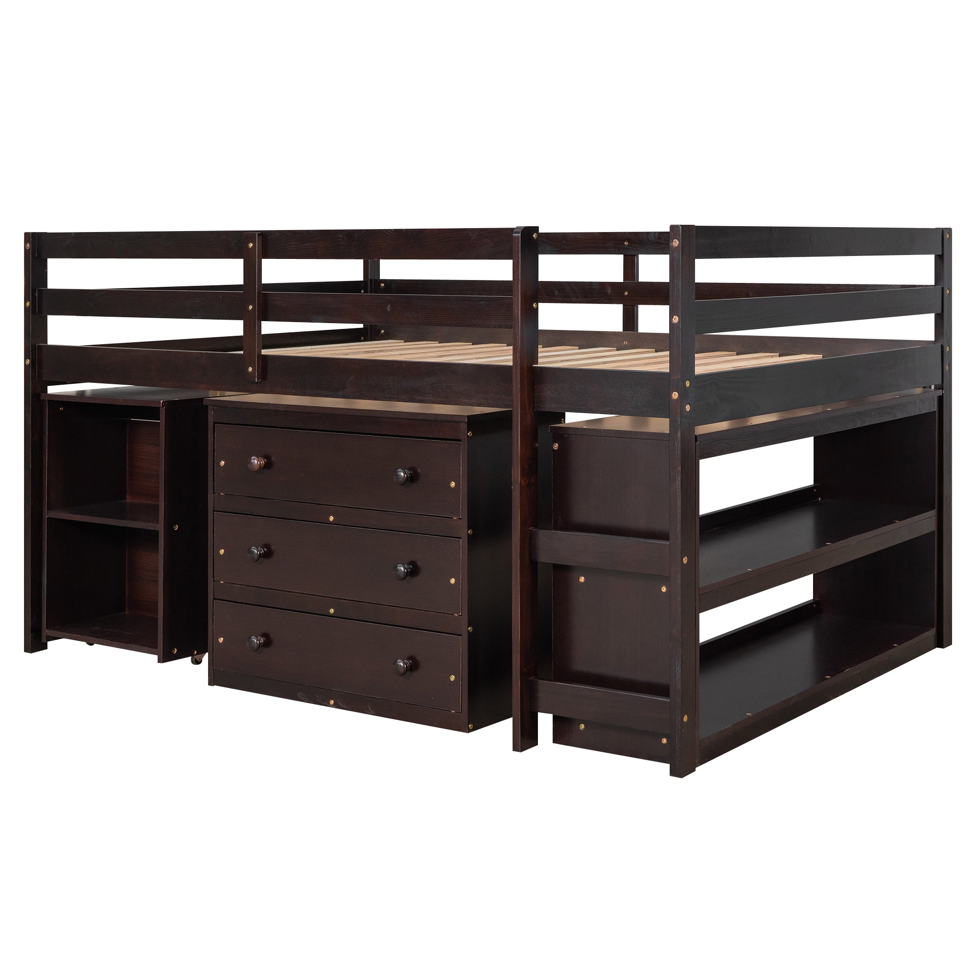 Low Study Full Loft Bed with Cabinet Shelves and Rolling Portable Desk Multiple Functions Bed- Espresso