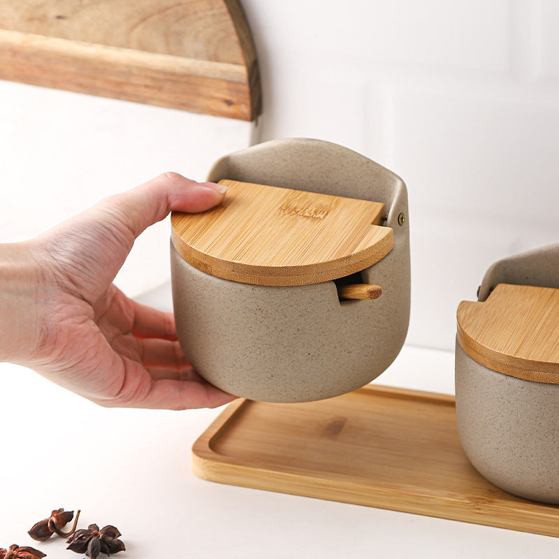 Japanese Ceramic Bamboo and Wood Lid Seasoning Jar Seasoning Box Kitchen Seasoning Storage Jar Salt Sugar Jar Set