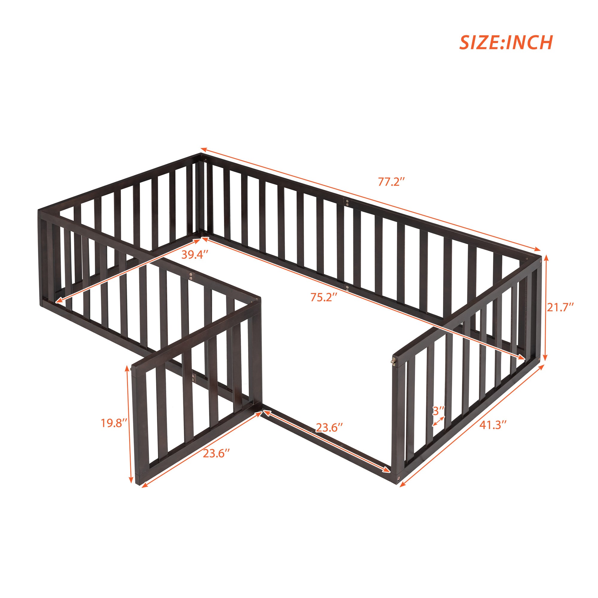 Twin Size Wood Floor Bed Frame with Fence and Door Walnut(OLD SKU :WF289661AAL)