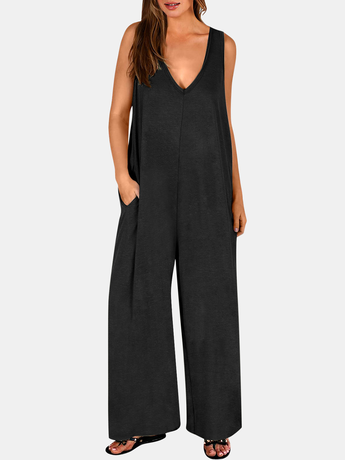 V-neck wide strap jumpsuit