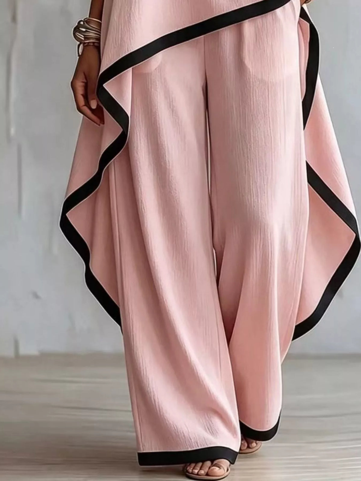 Contrast trim high-low top and pants set