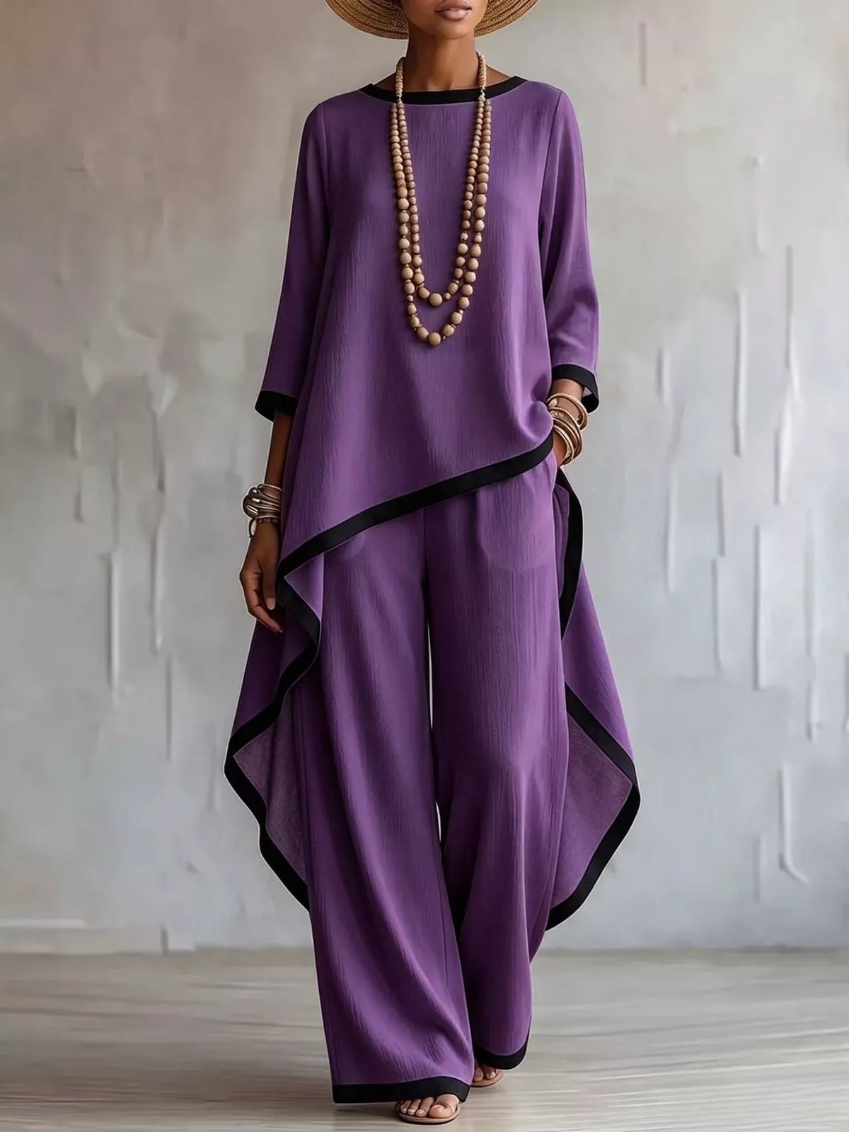 Contrast trim high-low top and pants set, Purple