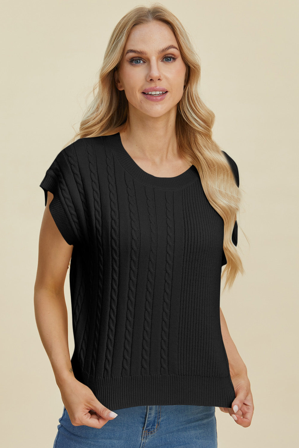 Double Take Full Size Cable-Knit Round Neck Short Sleeve Sweater