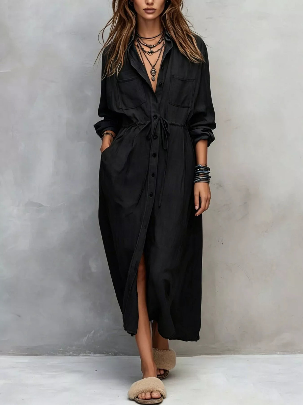 Long-sleeve shirt dress – black