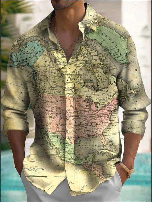 Casual Men's Long Sleeve Shirt Map 3D Printed Casual Autumn Cardigan Tops